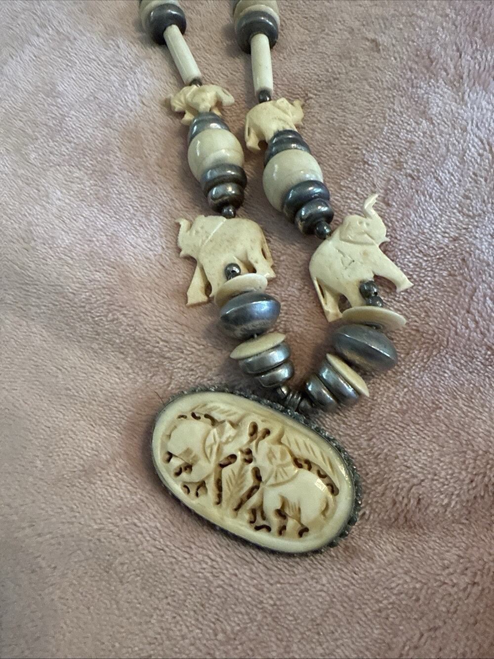 Vintage Hand Carved Elephants African Necklace Pendant Bohemian Tribal